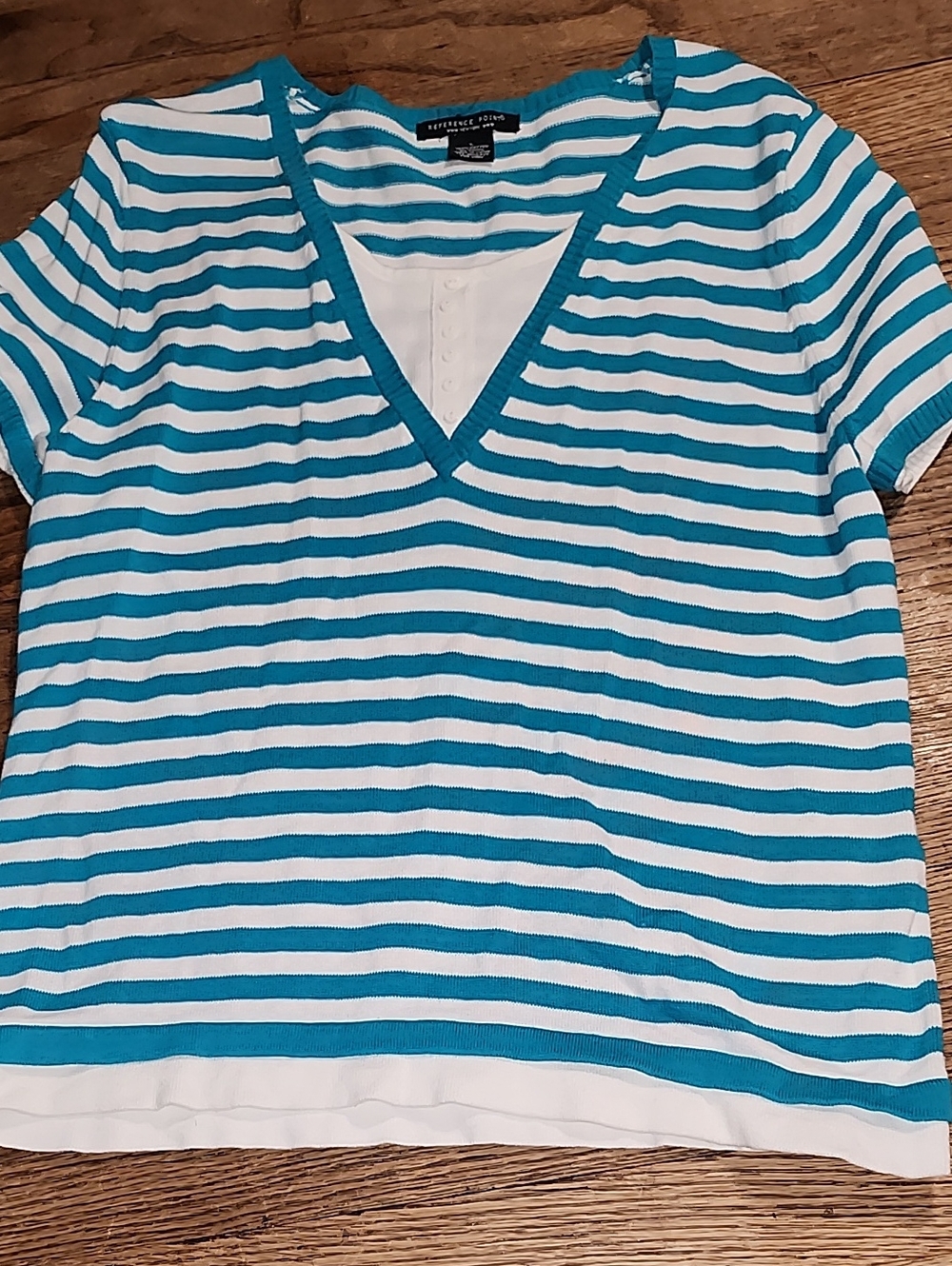 Striped Teal and White V-Neck Short Sleeve Tee